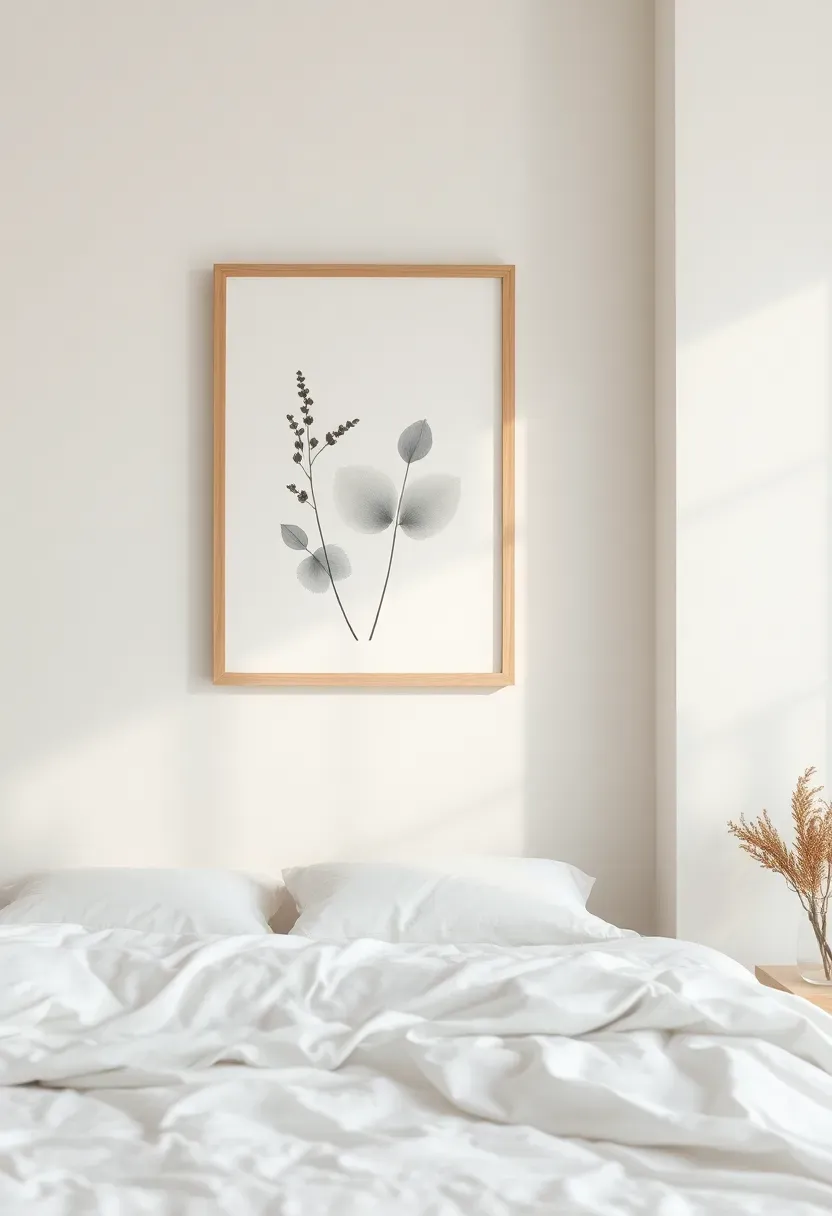 Simple botanical art on white wall above bed