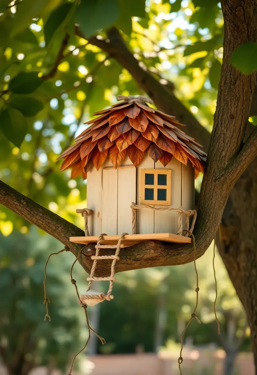 A miniature fairy treehouse built on a low branch of a backyard tree, with a tiny rope ladder, twig railing, and a leaf-shingled roof, surrounded by hanging vine tendrils
