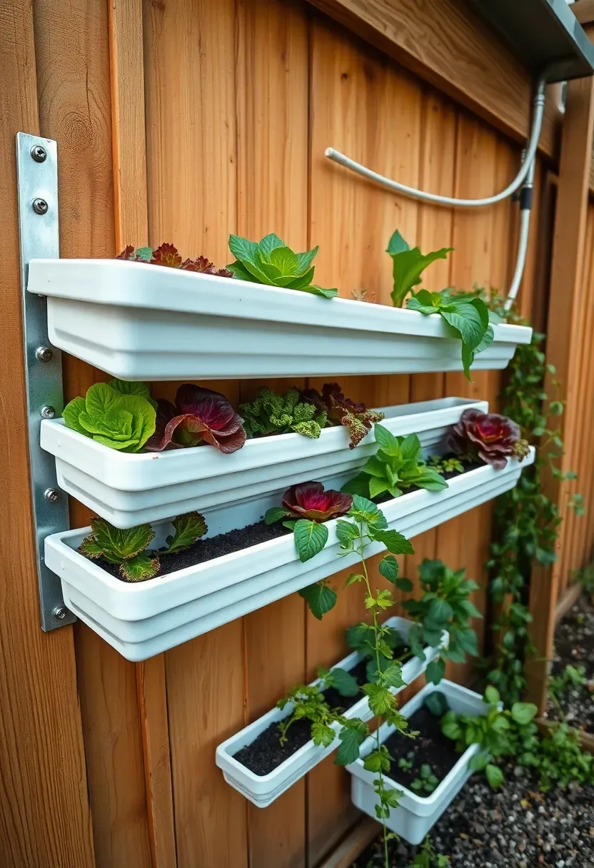 Rain gutter sections mounted horizontally on a fence in rows with lettuce and herbs growing from each gutter