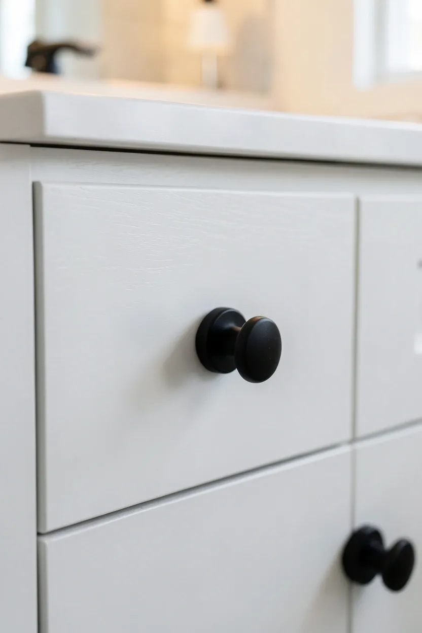 Matte black cabinet pulls and drawer knobs on white bathroom vanity — easy no-drill hardware swap on a budget