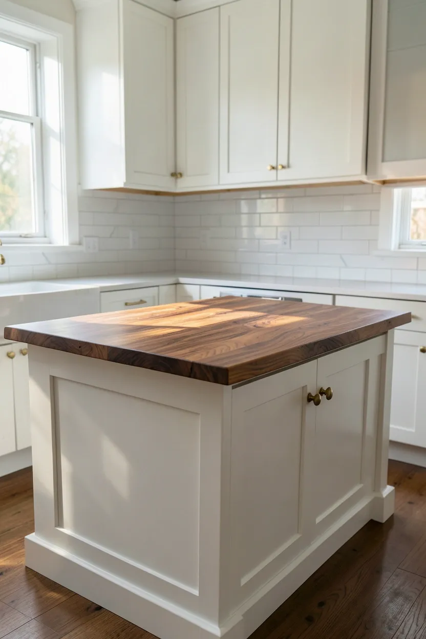 Hyper-realistic eye-level photograph of an elegant kitchen island with a walnut wood countertop and white shaker-style base cabinets. The walnut has rich brown grain patterns and a warm, natural finish. The white base cabinets feature brass pulls. Surrounding the island are white quartz countertops and white upper cabinets. White subway tile backsplash. Natural light streaming through windows. Materials: walnut, white quartz, white painted wood, brass. Warm and sophisticated elegant mood. Sharp focus on the wood grain texture of the walnut surface. No text, no logos, no watermarks.</p>