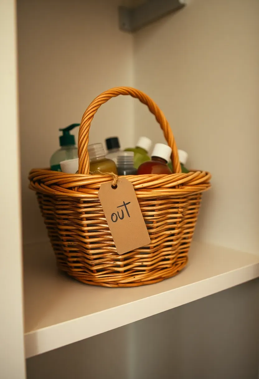 Small wicker basket on a bathroom closet shelf labeled declutter holding expired and unused bathroom products
