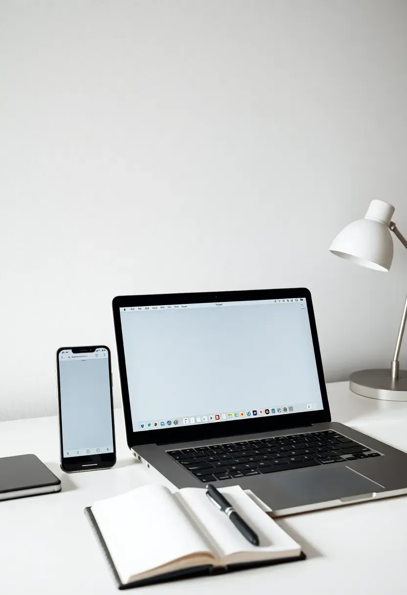 Hyper-realistic view of digital extreme minimalism workspace. Clean laptop screen showing minimalist desktop with only 2-3 icons, empty browser tabs, uncluttered email inbox. Smartphone showing only essential apps, no notification badges. Physical desk also minimalist—only laptop, maybe notebook and pen. White wall background, simple lamp. Natural daylight. Digital minimalism mood showing calm technological environment where virtual clutter has been ruthlessly eliminated.</p>