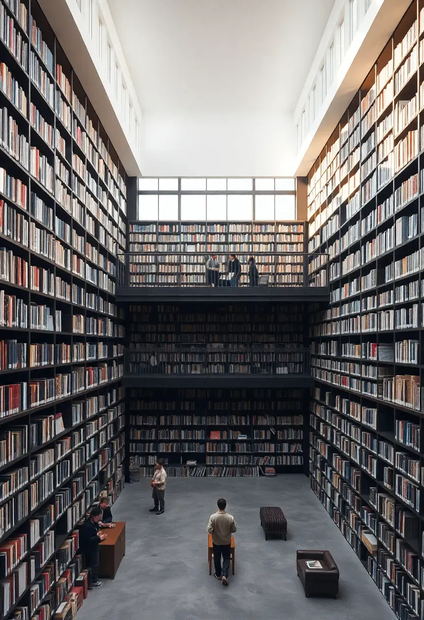 Hyper-realistic wide view of double-height bookcase wall filled with books, mezzanine walkway with railing visible above, grand scale with people for scale. Materials: dark wood bookcases, mixed book spines, metal railing, concrete floor. Large windows providing natural light (soft daylight), shadows creating depth. Sharp details on books and architecture, impressive scale, minimalist room with furniture below. No text, no logos, no watermarks.</p>
