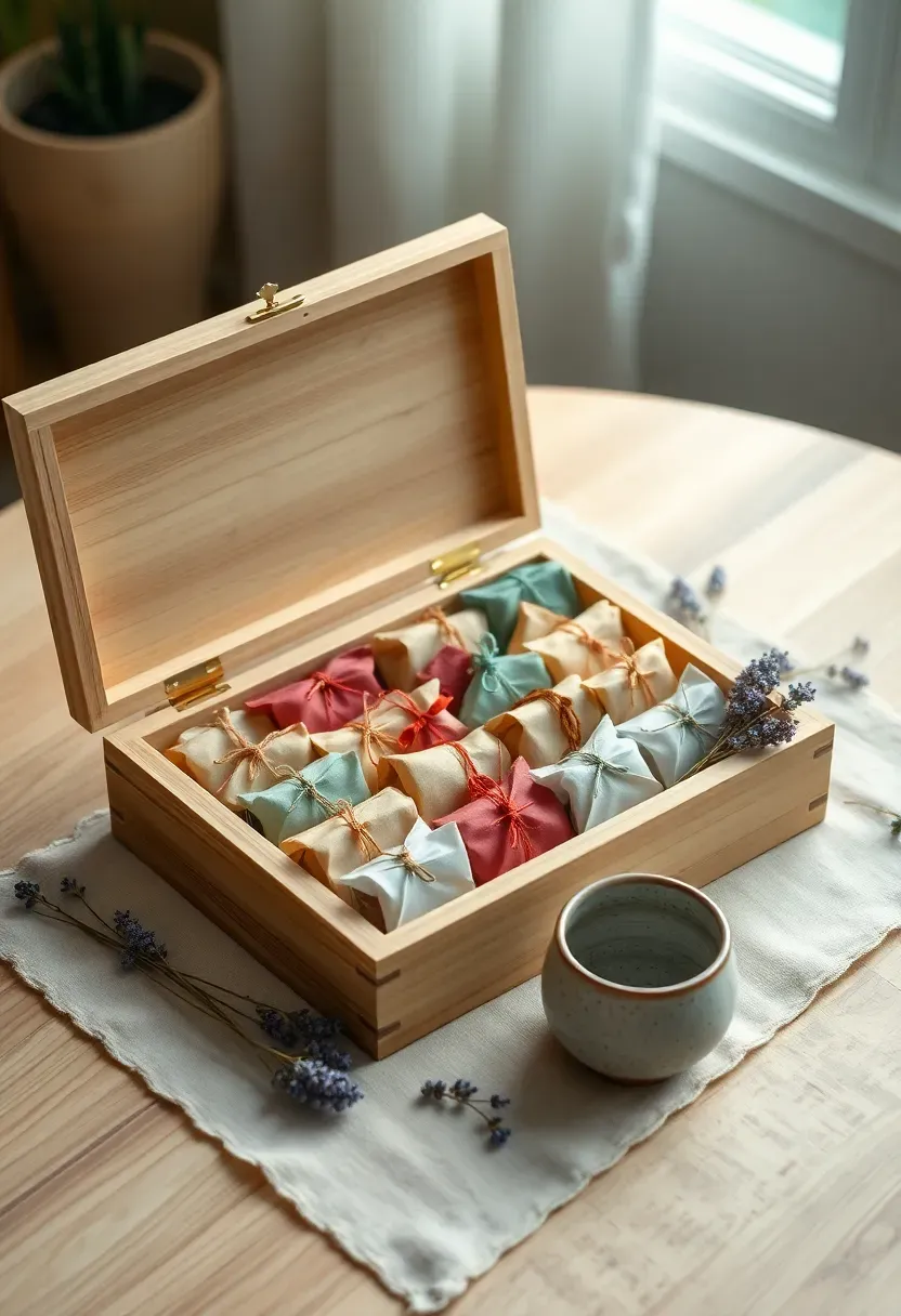 Specialty tea sampler set in a wooden box with individually wrapped sachets, dried flowers, and a small ceramic cup