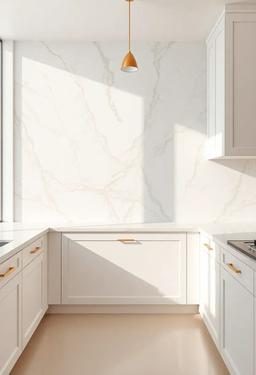 full-height white marble slab backsplash extending from countertop to ceiling in a luxury kitchen