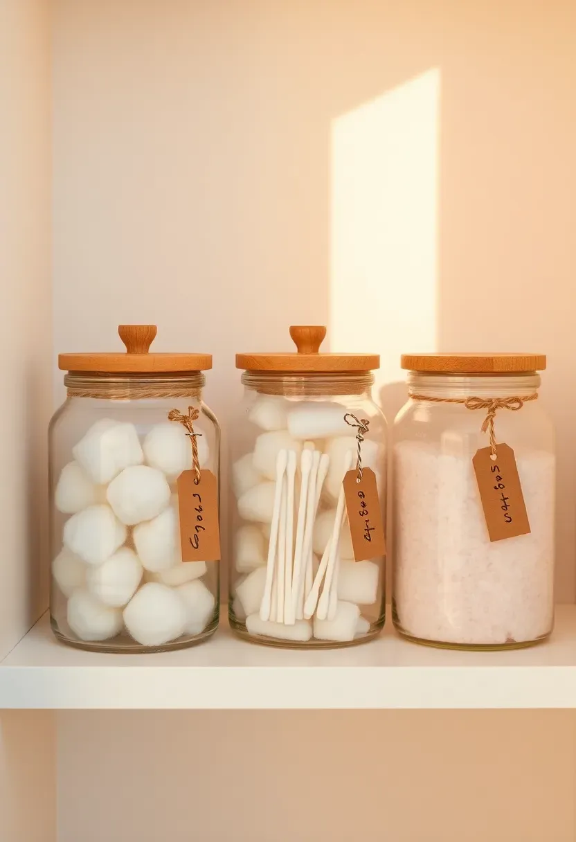 Three glass jars with bamboo lids on a bathroom closet shelf holding cotton balls cotton swabs and bath salts with handwritten labels