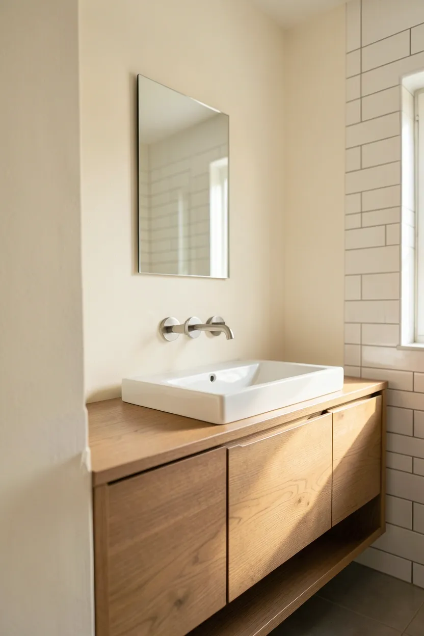 Warm rental bathroom with soft brown vanity, cream walls, chrome fixtures, and natural fiber basket — grounded apartment color palette