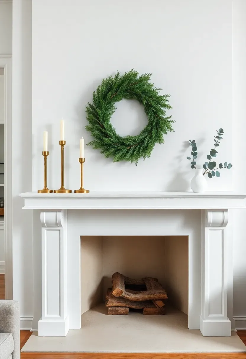 Hyper-realistic eye-level shot of white painted fireplace mantel with minimal elegant decor: large cedar wreath centered above, three brass pillar candles of varying heights on left side, small ceramic vase with two eucalyptus stems on right, empty white space between groupings. Materials: fresh cedar, brass, matte white ceramic, eucalyptus leaves, painted wood. Soft window light (4200K) from left creating gentle shadows on mantel surface, visible portion of living room beyond (neutral sofa light floor), calm refined mood like Dwell magazine, shallow depth of field mantel details, composition showing intentional negative space. No text logos watermarks.</p>