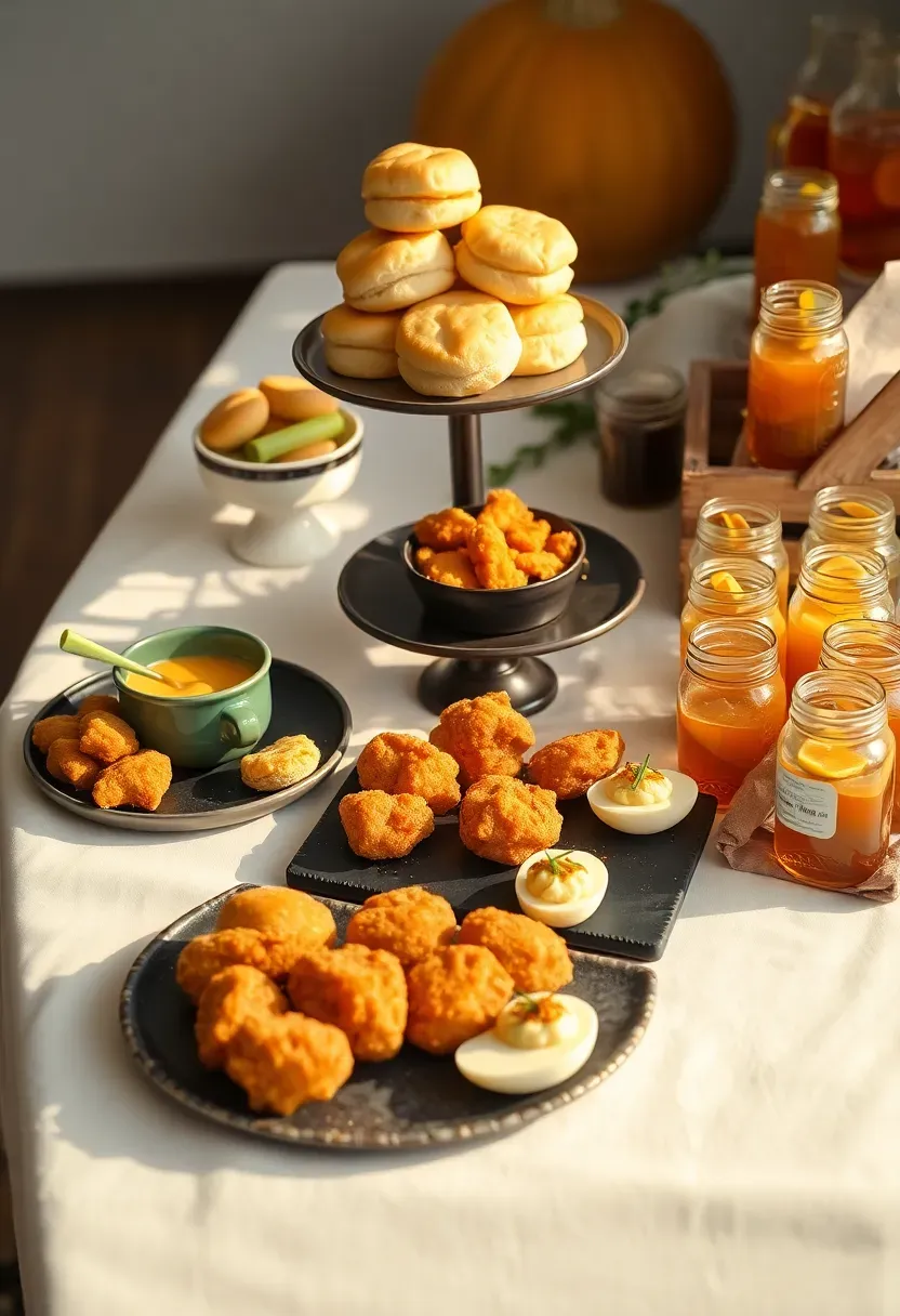 southern comfort food buffet for a baby shower with mini biscuits, pimento cheese, fried chicken bites, deviled eggs, sweet tea, and peach cobbler on a white tablecloth