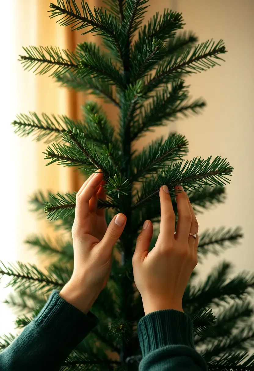 Hands fluffing and shaping artificial Christmas tree branches, pulling tips outward to create full layered look
