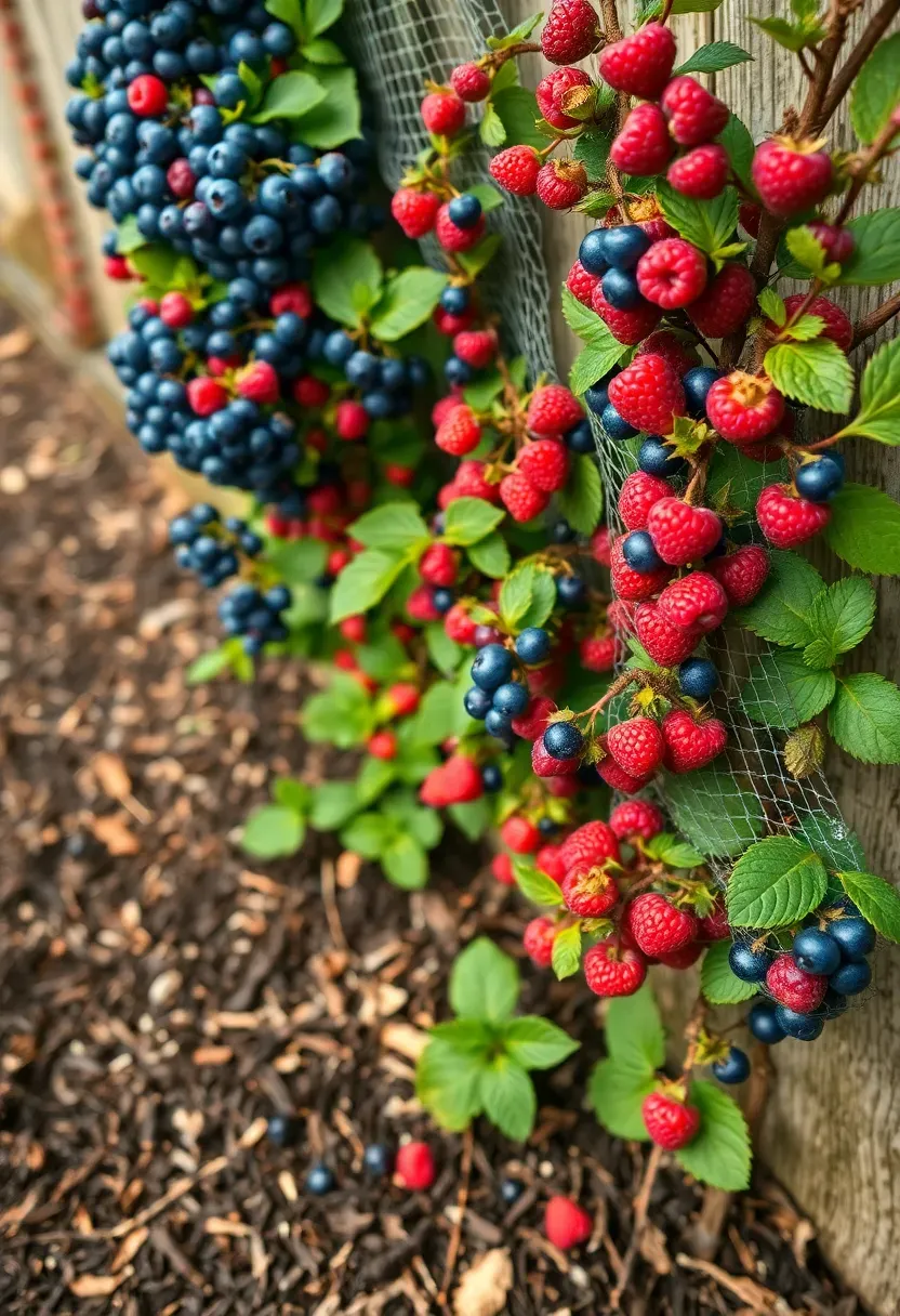 A row of blueberry and raspberry bushes growing along a wooden fence in a backyard, heavy with ripe berries