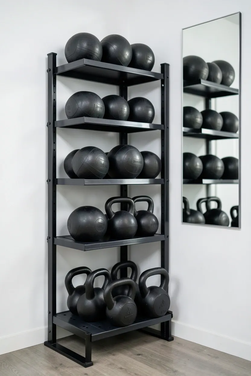 Vertical tiered rack storing medicine balls and kettlebells by weight — space-saving gym storage for small workout rooms
