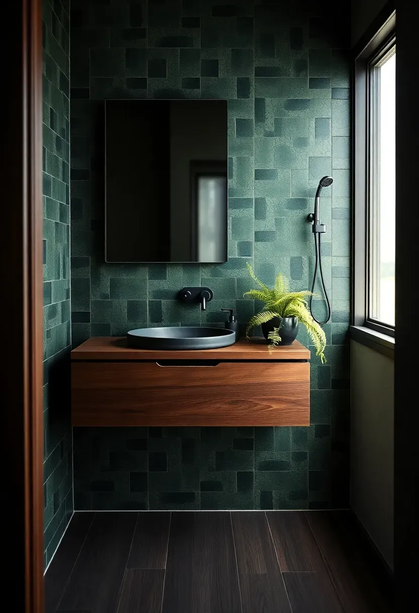 Dark and moody Pacific Northwest coastal bathroom with walnut vanity, black matte fixtures, dark green zellige tiles, rain shower, and fern in ceramic pot