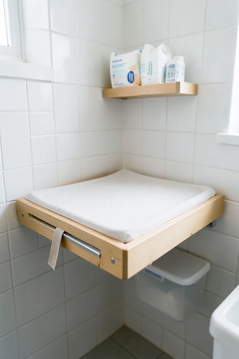 Wall-mounted fold-down changing table in a tiny house bathroom, folded flat against a white wall with small wall shelf holding diapers and wipes