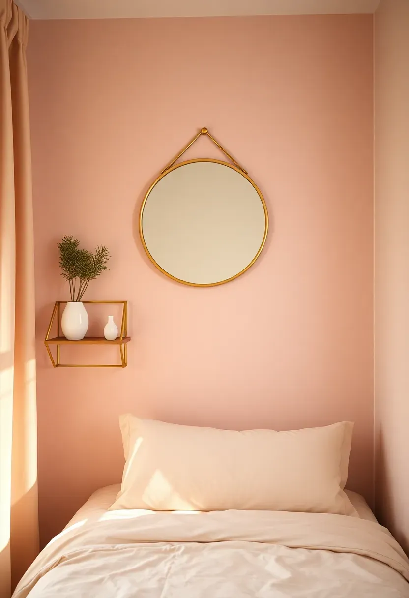 girl dorm room accent wall with blush pink peel and stick wallpaper and gold decor