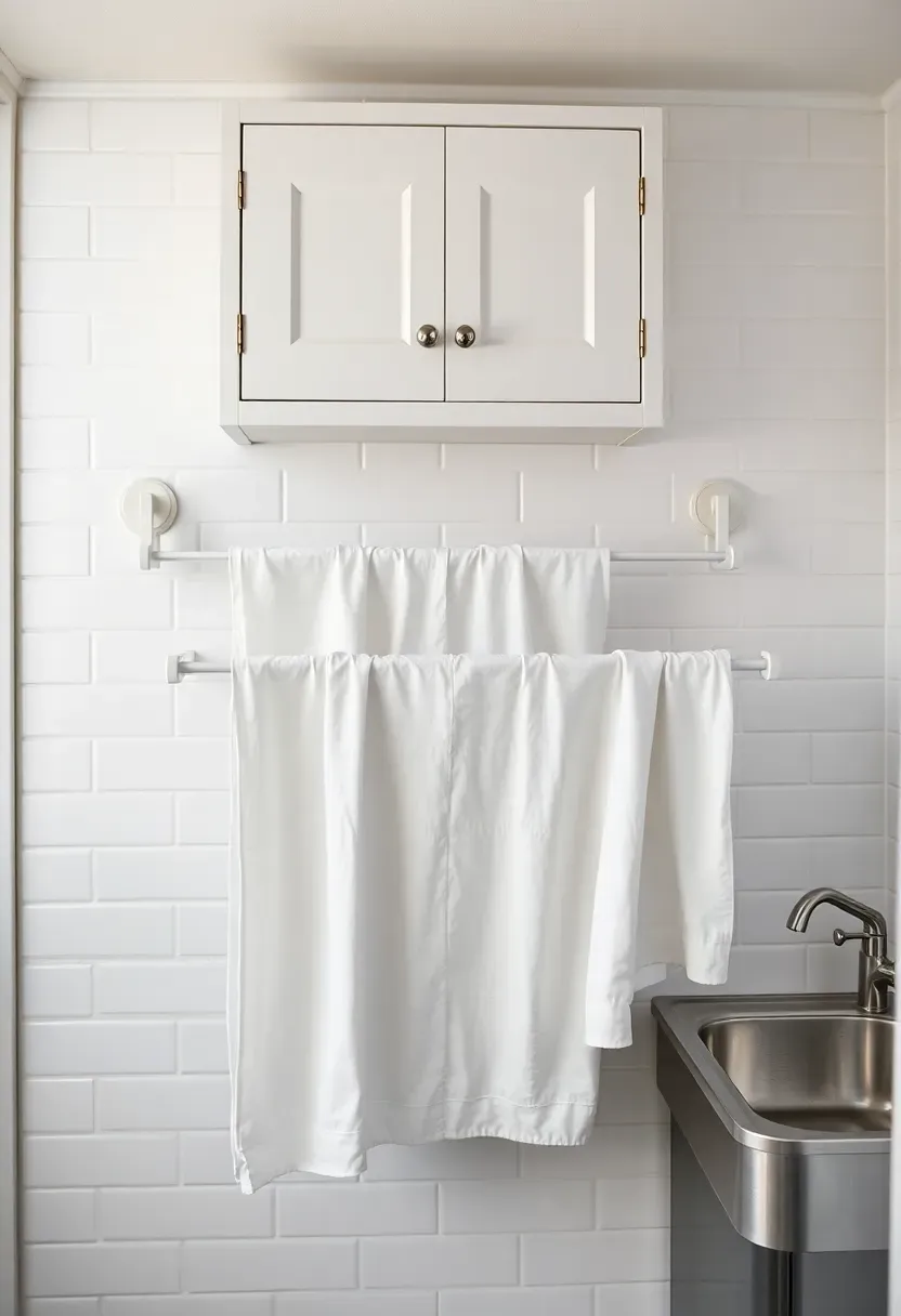Hyper-realistic straight-on view of white wall-mounted accordion drying rack extended with white linens, white wall-mounted folding ironing board cabinet above, white subway tile backsplash, small stainless steel utility sink to the side, brushed nickel fixtures. Materials: powder-coated steel, ceramic tile, stainless steel. Soft overhead lighting, clean minimal mood, sharp focus on drying rack details. No text, no logos, no watermarks.</p>
