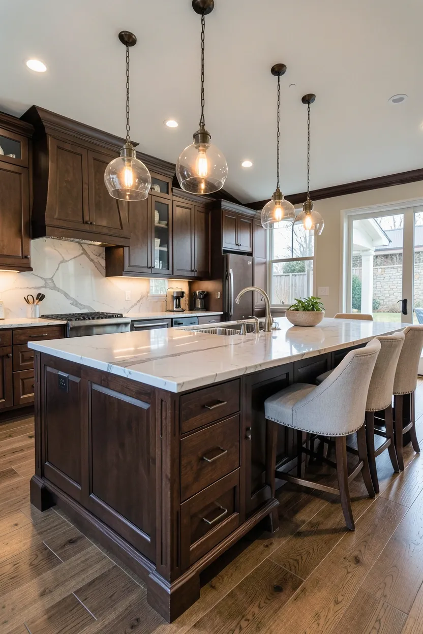 Dark Wood Kitchen with Large Island Prep Space