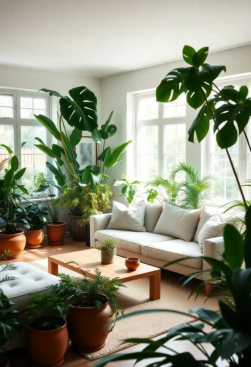 Hyper-realistic wide view of living room designed as indoor garden. Multiple large plants including fiddle leaf fig, monstera, snake plants, ferns. Cream linen sofa minimal in scale, light oak coffee table, plants in terracotta and ceramic pots. Materials: living greenery with varied leaf shapes, linen upholstery, light oak, natural terracotta. Bright natural daylight from large windows, plants casting dappled shadows. Lush biophilic mood with neutral furniture palette. Shallow depth of field, sharp details on plant leaves, balanced composition, plants as focal point.</p>