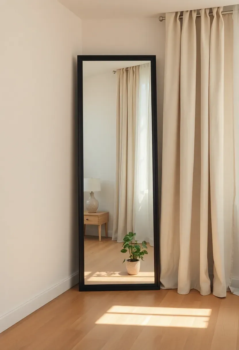 Small bedroom with a large leaning full-length mirror reflecting window light, floor-to-ceiling curtains creating vertical lines, and one curated nightstand with a plant and lamp