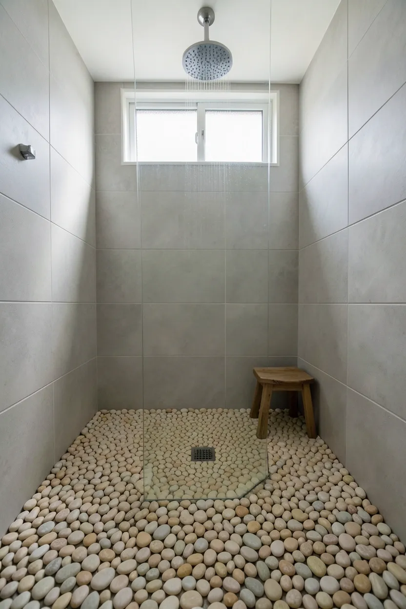 Hyper-realistic eye-level photograph of pebble mosaic floor in zen bathroom shower. Shower floor covered in smooth river pebbles in warm beige and cream tones, arranged in mosaic pattern. Pebbles are similar size for uniform appearance. Shower walls in large format light grey ceramic tiles. Rainfall showerhead mounted in ceiling. Frameless glass enclosure. Small wooden stool in corner. Natural morning light from frosted window above. Materials: river pebbles, ceramic tiles, glass. Organic spa mood. Focus on pebble texture and arrangement. No text, no logos, no watermarks.</p>