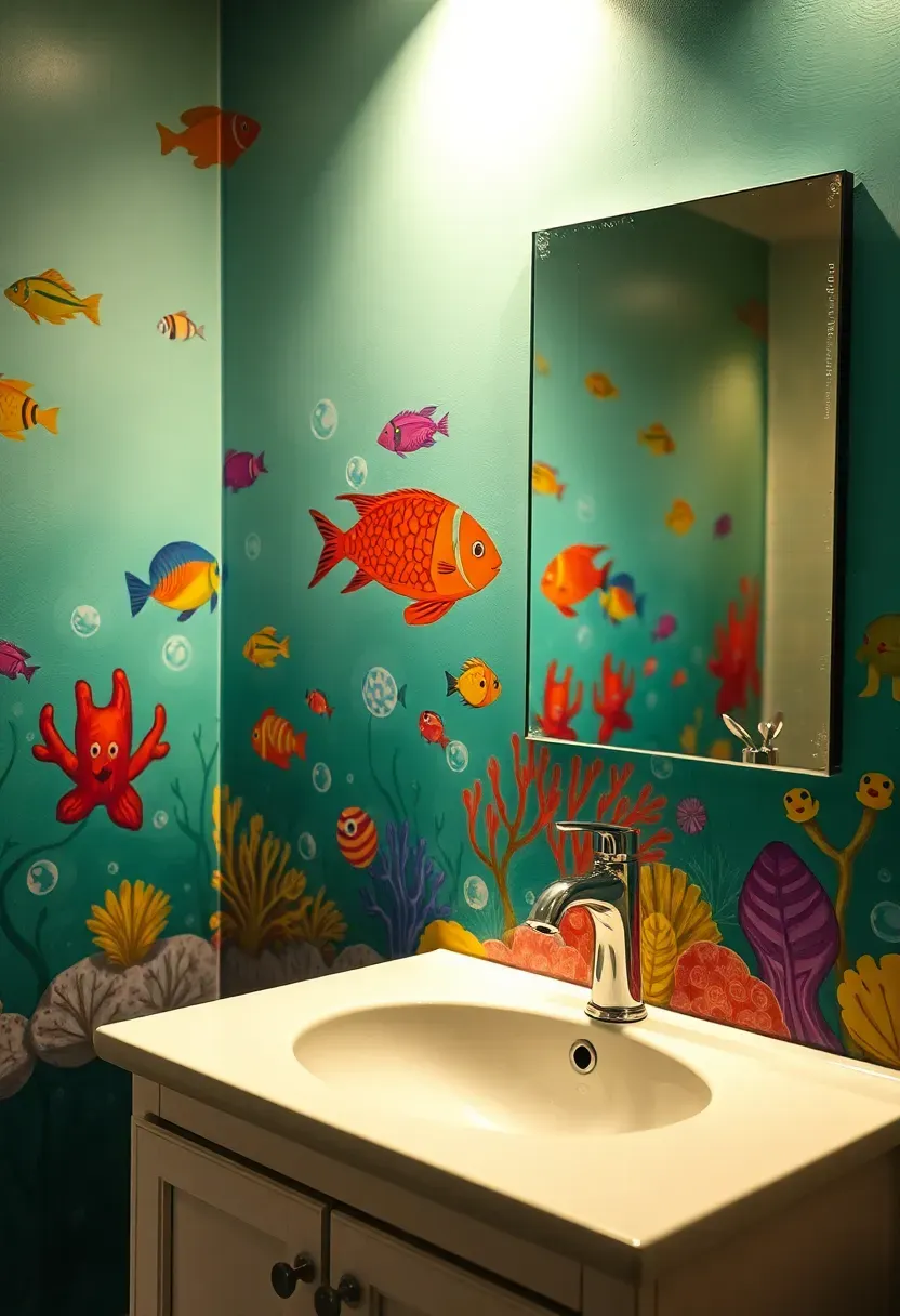 Whimsical bathroom wall mural featuring playful characters and colorful scenery in Toca Boca style