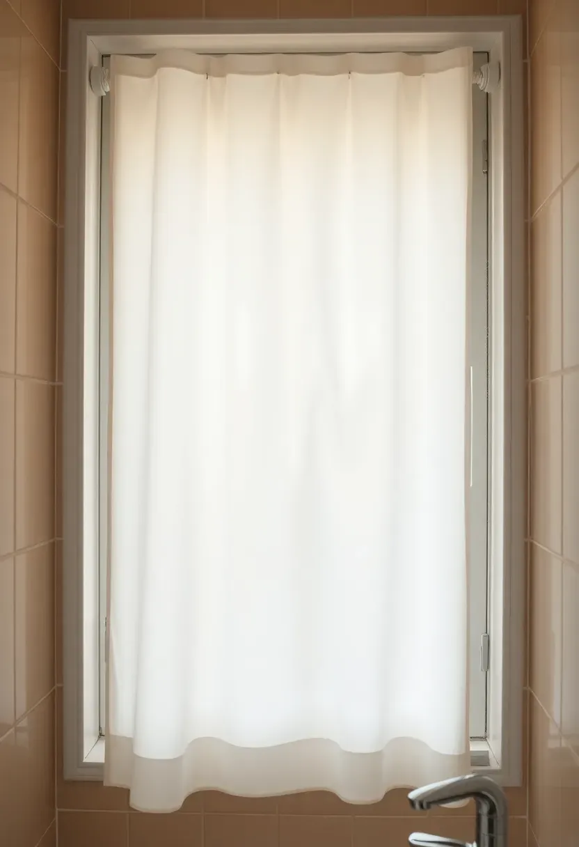 Bathroom window with a white tension rod privacy curtain drawn closed in a small apartment bathroom with neutral tile