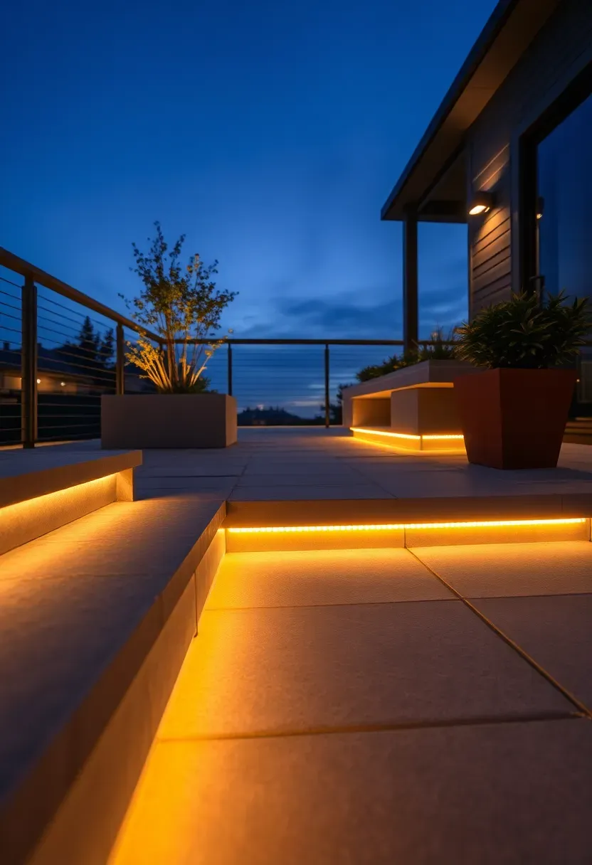 Terrace at twilight with LED strip lighting along steps, planters, and bench edges, creating a warm amber glow against a deep blue evening sky