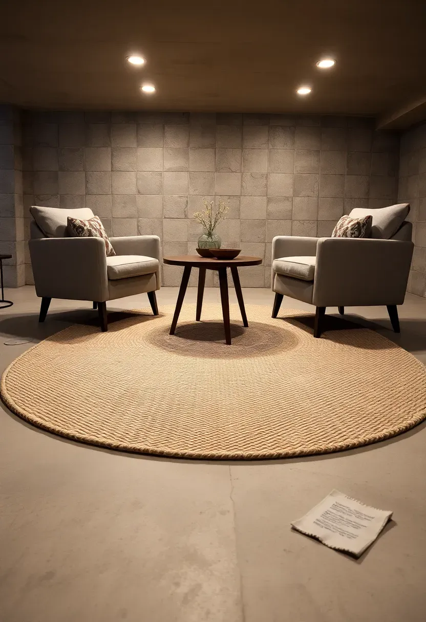 Two layered area rugs in contrasting patterns covering a basement concrete floor beneath a coffee table and armchairs