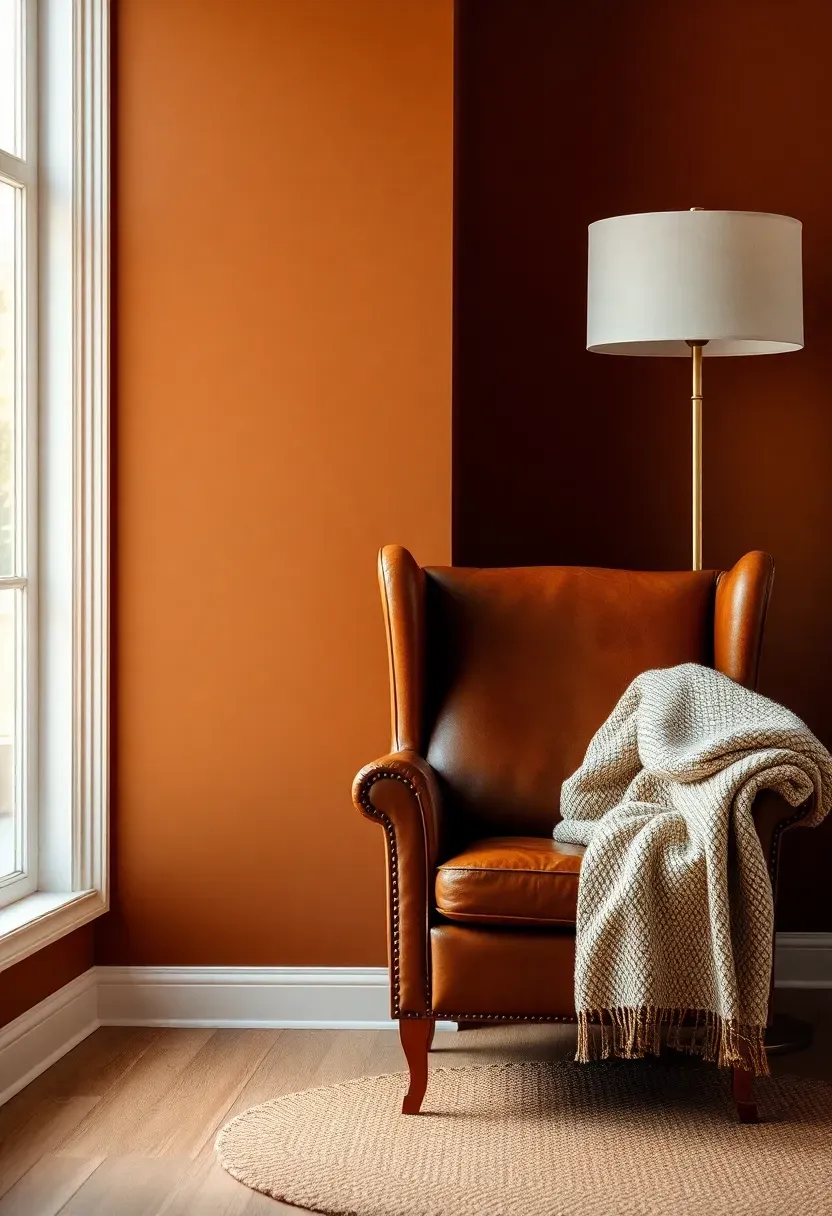 living room wall painted in warm cognac brown with leather armchair and brass floor lamp