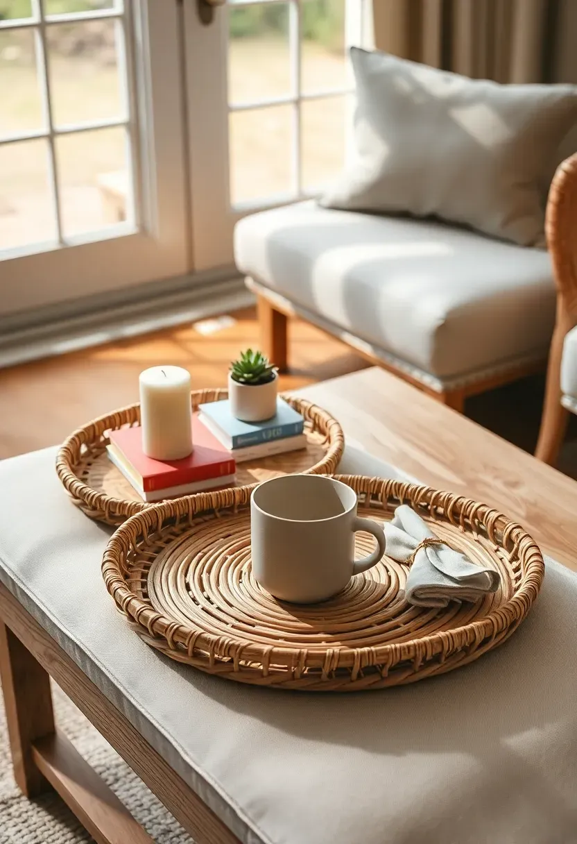 Rattan serving trays arranged on a sunroom coffee table and ottoman, styled with a candle, small plant, stack of books, and a ceramic cup