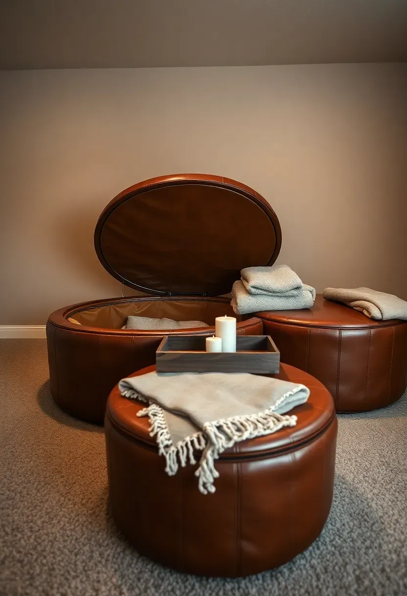 Set of three matching storage ottomans in a basement with lids open showing blankets inside
