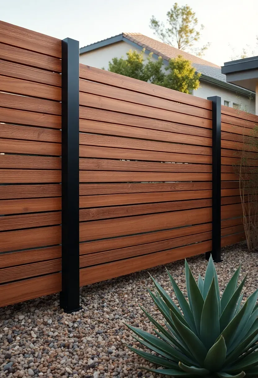 A modern horizontal slat fence made of stained cedar with consistent spacing between horizontal boards in a contemporary backyard