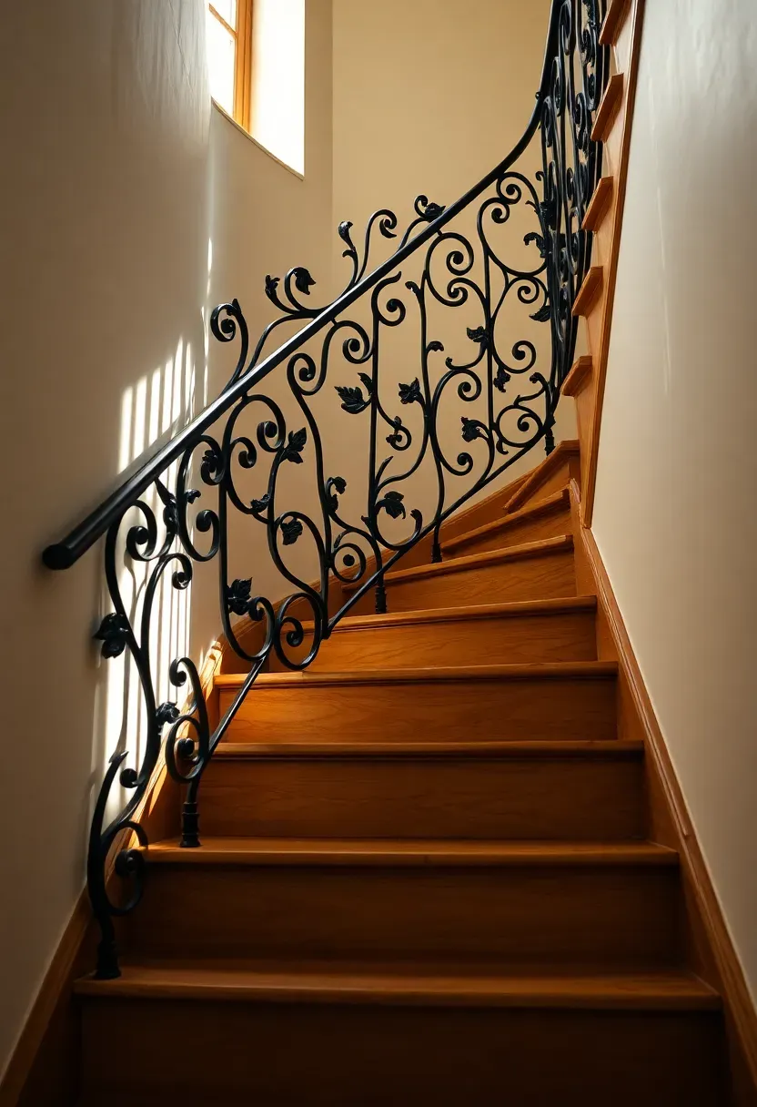 Sinuous wrought ironwork staircase railing in Art Nouveau style with vine and leaf motifs