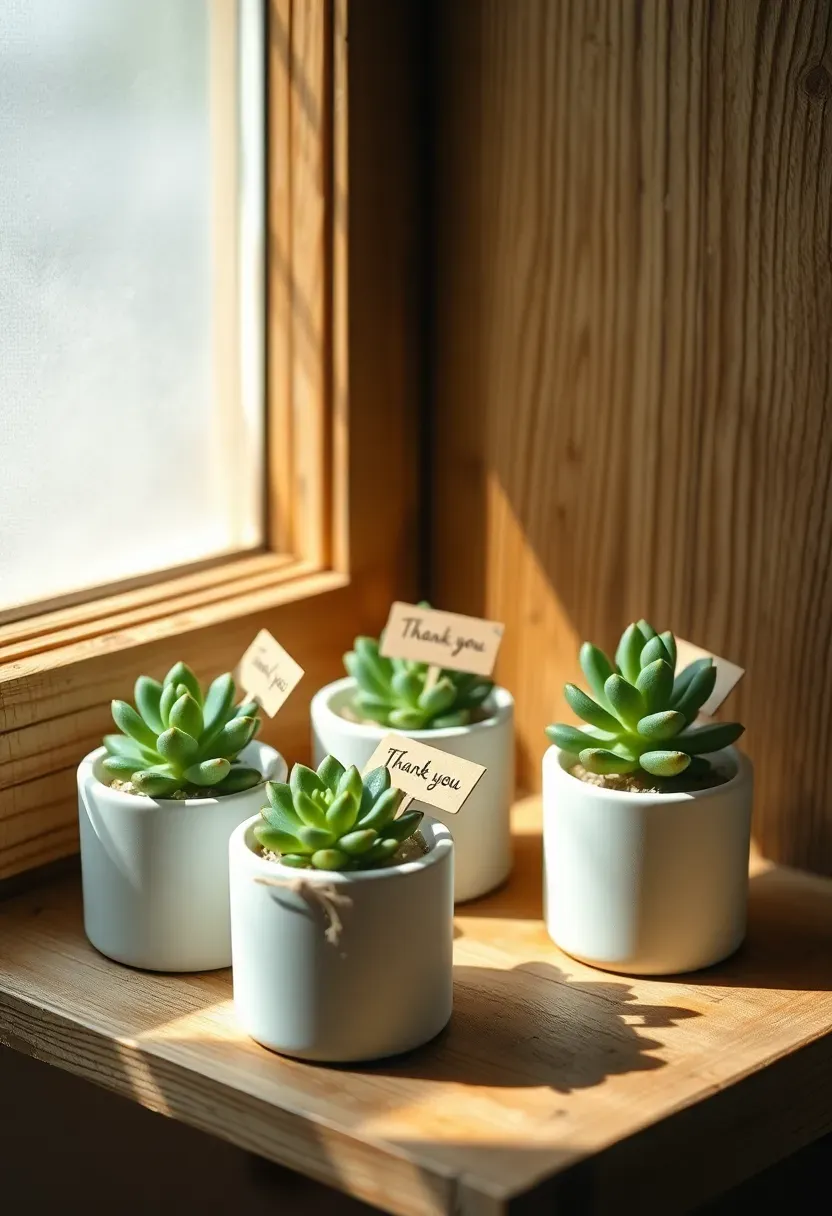 tiny succulent plants in white ceramic pots with thank you tags for baby shower guests