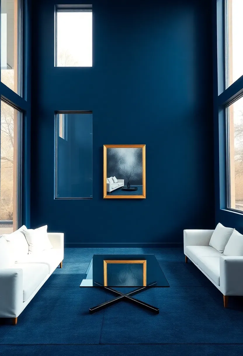 Hyper-realistic wide shot of minimalist living room with navy blue wall featuring large windows with view mirror on adjacent wall reflecting light and navy white sofa glass coffee table. Materials: matte navy blue paint large glass windows brass mirror frame white linen sofa glass table top. Bright natural daylight streaming through navy-walled windows reflections creating depth and sparkle dramatic airy atmosphere. Sharp contrast between navy and reflective surfaces clean composition no clutter no text no watermarks.</p>