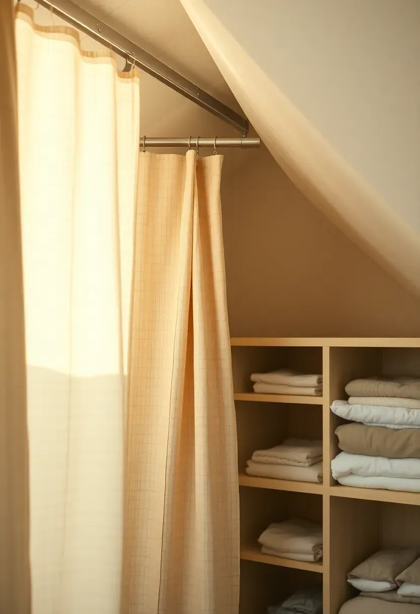 attic closet alcove with a linen curtain panel hung from ceiling track, soft neutral interior visible behind fabric