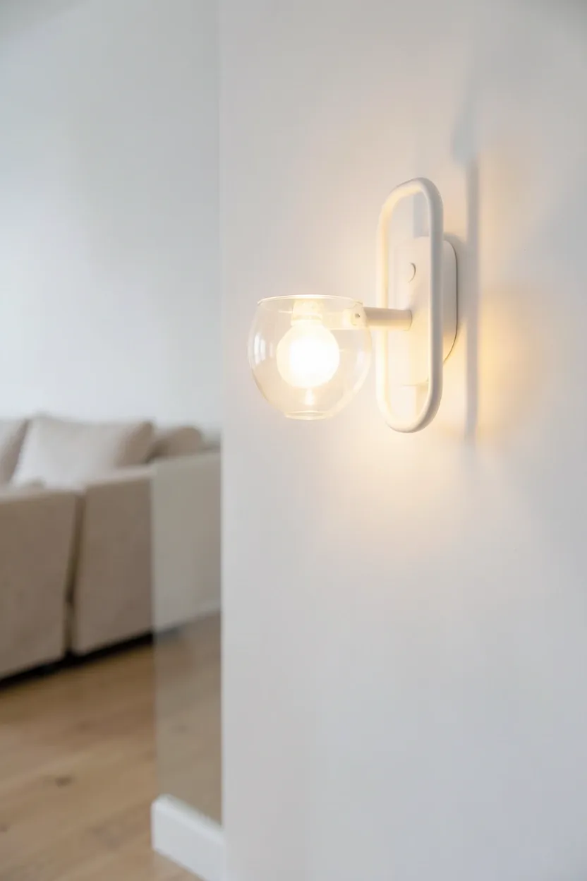 Minimalist metal wall sconces mounted beside a sofa freeing surface space in a compact Nordic apartment living room