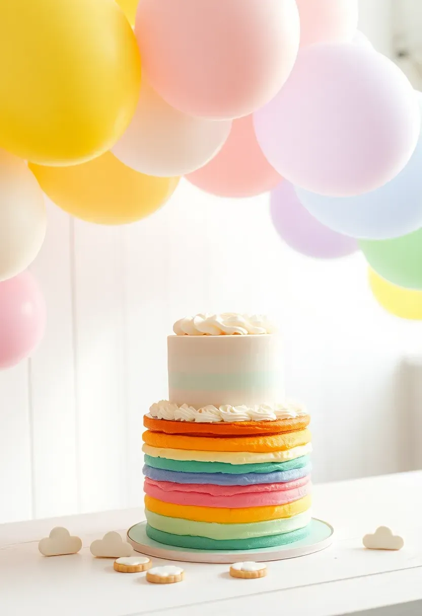 rainbow after the storm baby shower with colourful arch decorations and hopeful theme