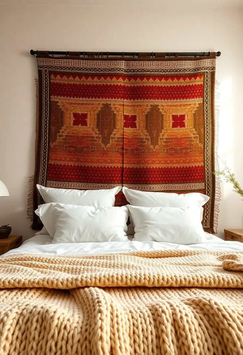 large woven tapestry hung behind a bed serving as a dramatic textile headboard alternative