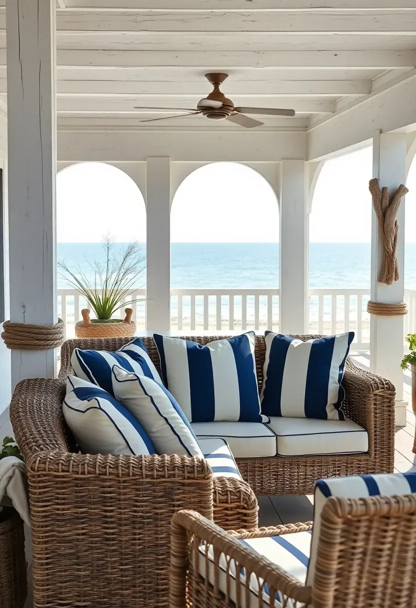 Breezy coastal porch sunroom with whitewashed wood beams, navy and white striped cushions, rope accents, driftwood decor, and an ocean view through wide open arches