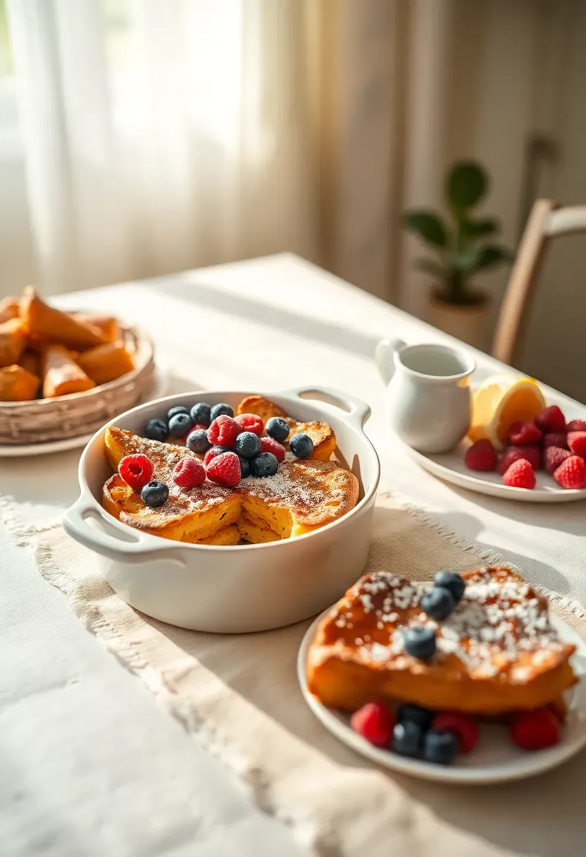 golden overnight french toast casserole in a white baking dish topped with berries and powdered sugar on a brunch buffet table