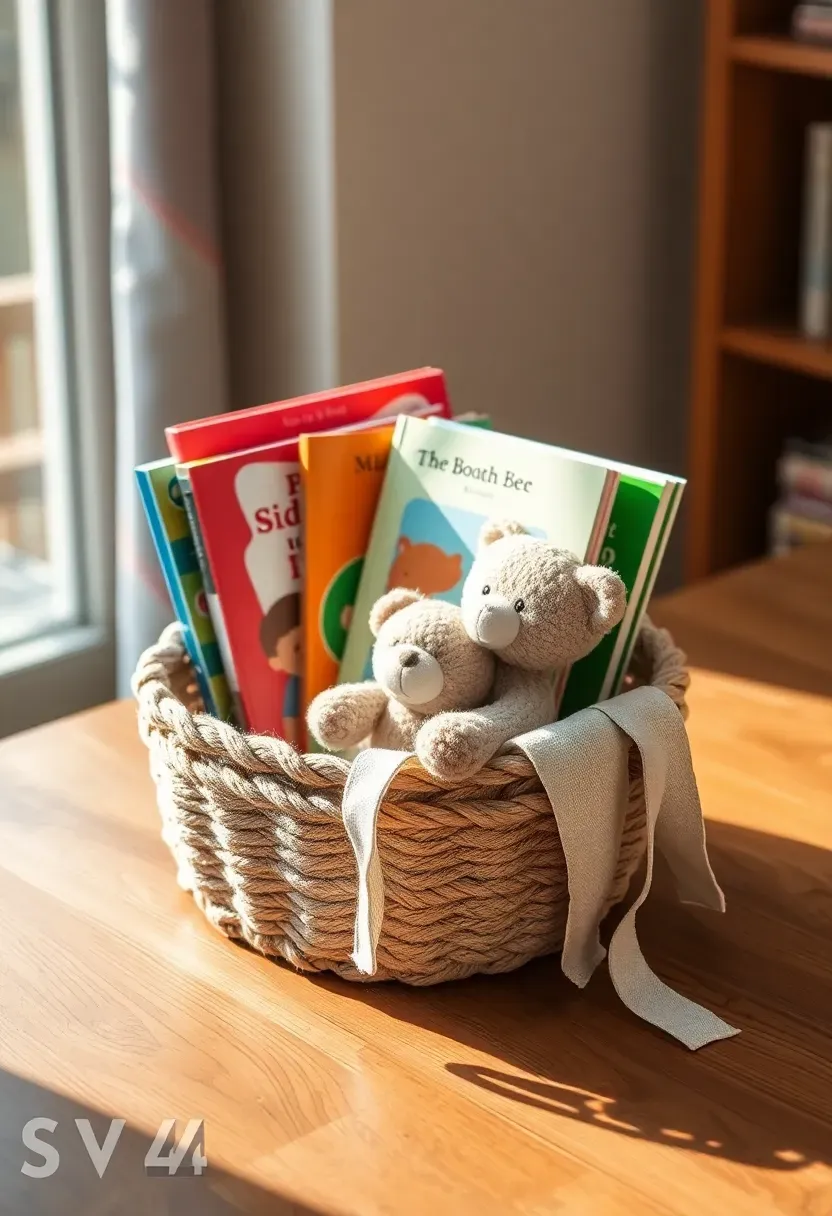 baby book lover gift basket with board books soft fabric bookmarks and a small stuffed reading buddy on a wooden surface