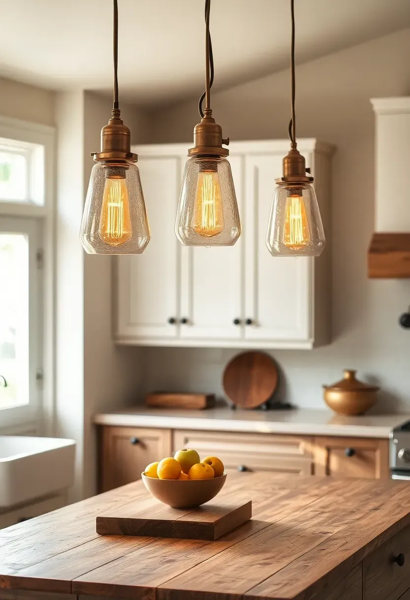 Hyper-realistic slightly elevated perspective of three vintage-inspired pendant lights hanging over a reclaimed wood kitchen island. Lights in aged brass with seeded glass shades, each at slightly different height for organic feel. Warm amber light visible through glass, casting soft golden glow on island below. Island in weathered wood with butcher block top holding bowl of fruit and cutting board. Creamy white walls and reclaimed wood cabinets in background. Natural daylight from windows mixing with warm artificial light. Materials: aged brass, seeded glass, reclaimed wood, walnut. Warm cozy rustic mood. Visible dust on light fixtures, slight wear on island surface. No text, no logos, no watermarks. Negative prompt: 