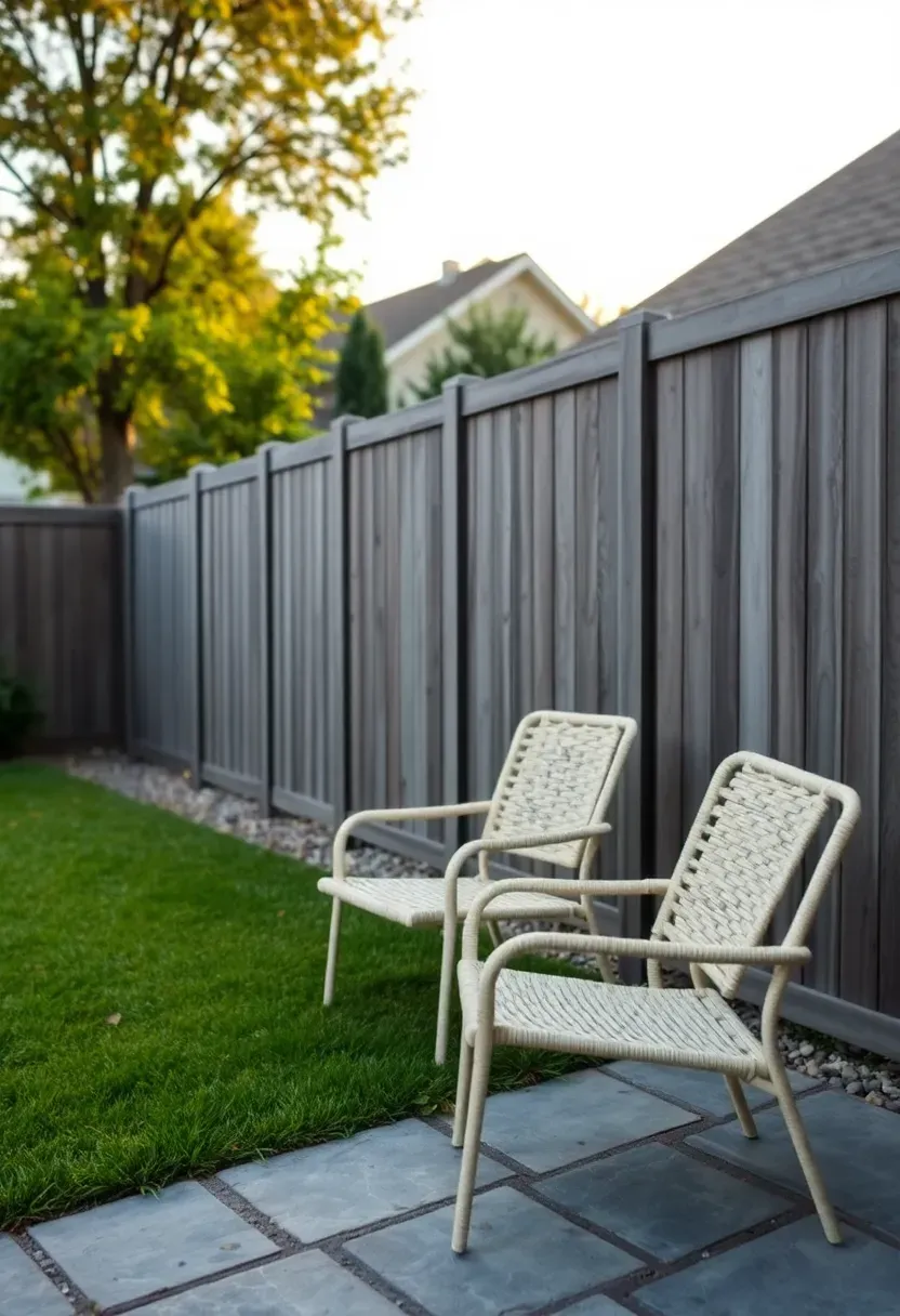 Gray composite privacy fence panels in a suburban backyard with a manicured lawn and patio furniture
