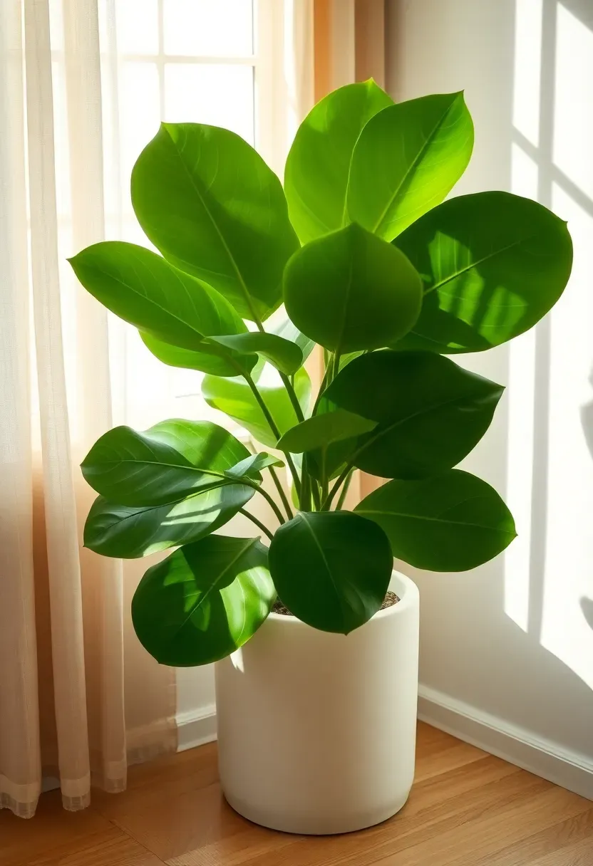 Single large potted plant in ceramic planter near window