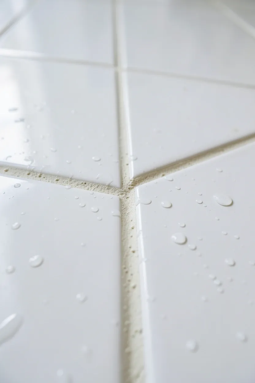 Freshly cleaned and regrouted white subway tile in a small rental bathroom — budget grout refresh that makes old tile look brand new