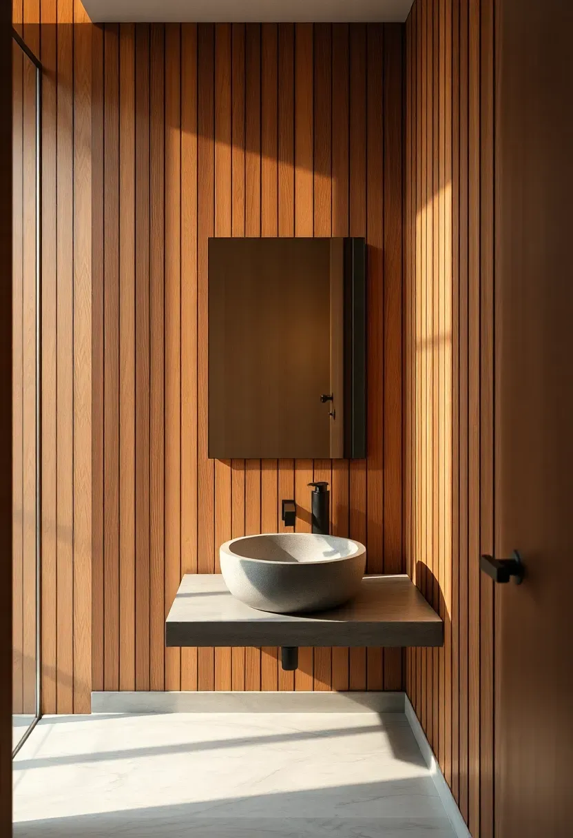 Vertical white oak wood slat accent wall with medium spacing behind a floating concrete sink in a warm modern powder room