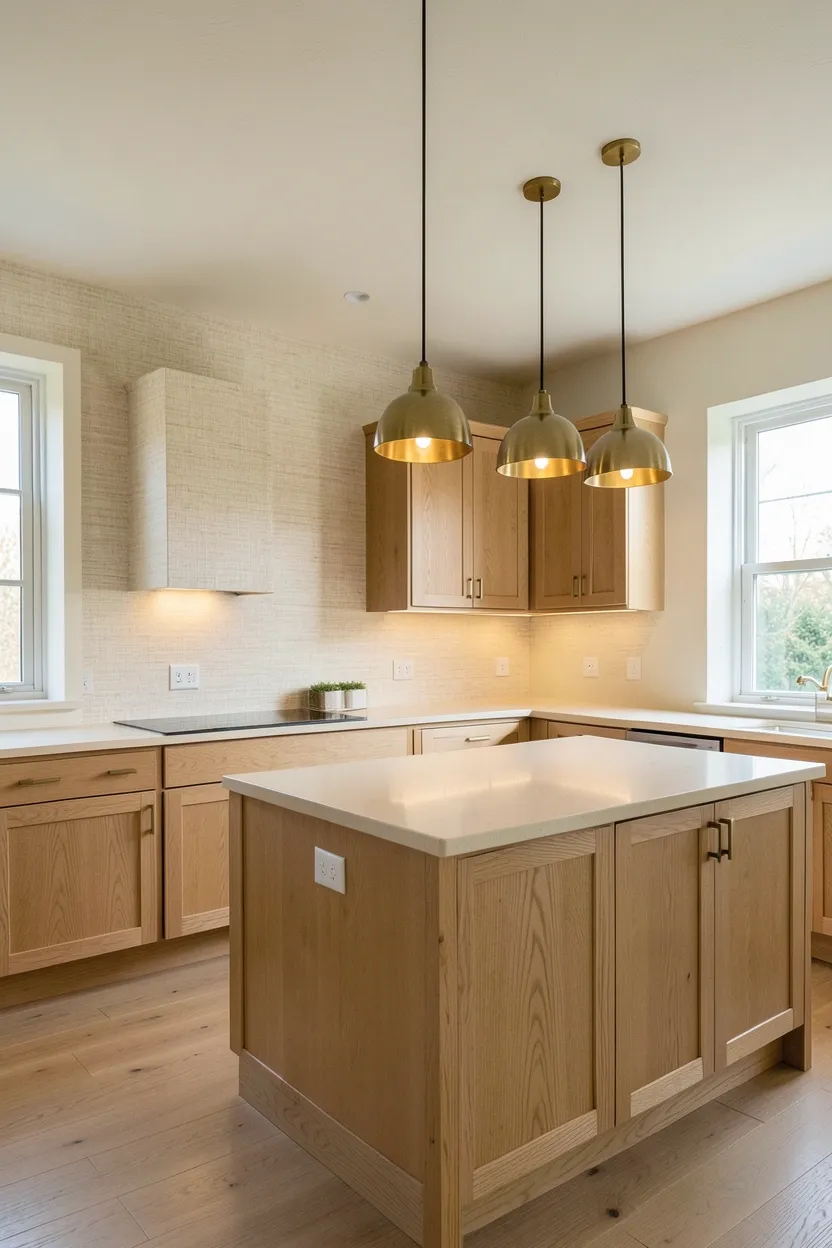 Hyper-realistic wide shot of a fall kitchen with textured neutral walls. Back wall features warm cream grasscloth wallpaper with subtle natural fiber texture visible. Remaining walls in matching pale cream paint. Light oak shaker cabinetry throughout. Large island in same oak with waterfall edge. Warm cream quartz countertop. Brass hardware throughout. Three brass pendant lights over island. Warm ambient lighting highlights wall texture. Natural light from windows. Clean surfaces. No text, no logos, no watermarks.</p>