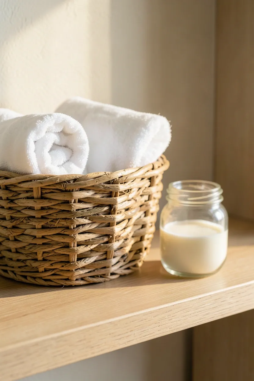 Seagrass woven storage baskets stacked on floating shelf holding rolled towels in a small rental bathroom